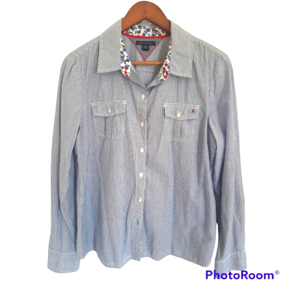 Tommy Hilfiger Women's Striped Button Down Blouse Chambray and White